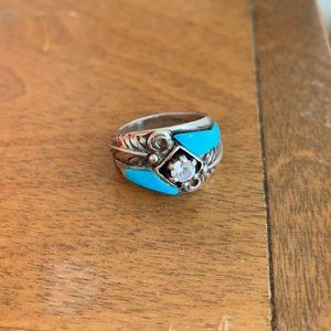 Sterling Silver CW Signed Turquoise & CZ Feather Native Navajo Band Ring 5.25